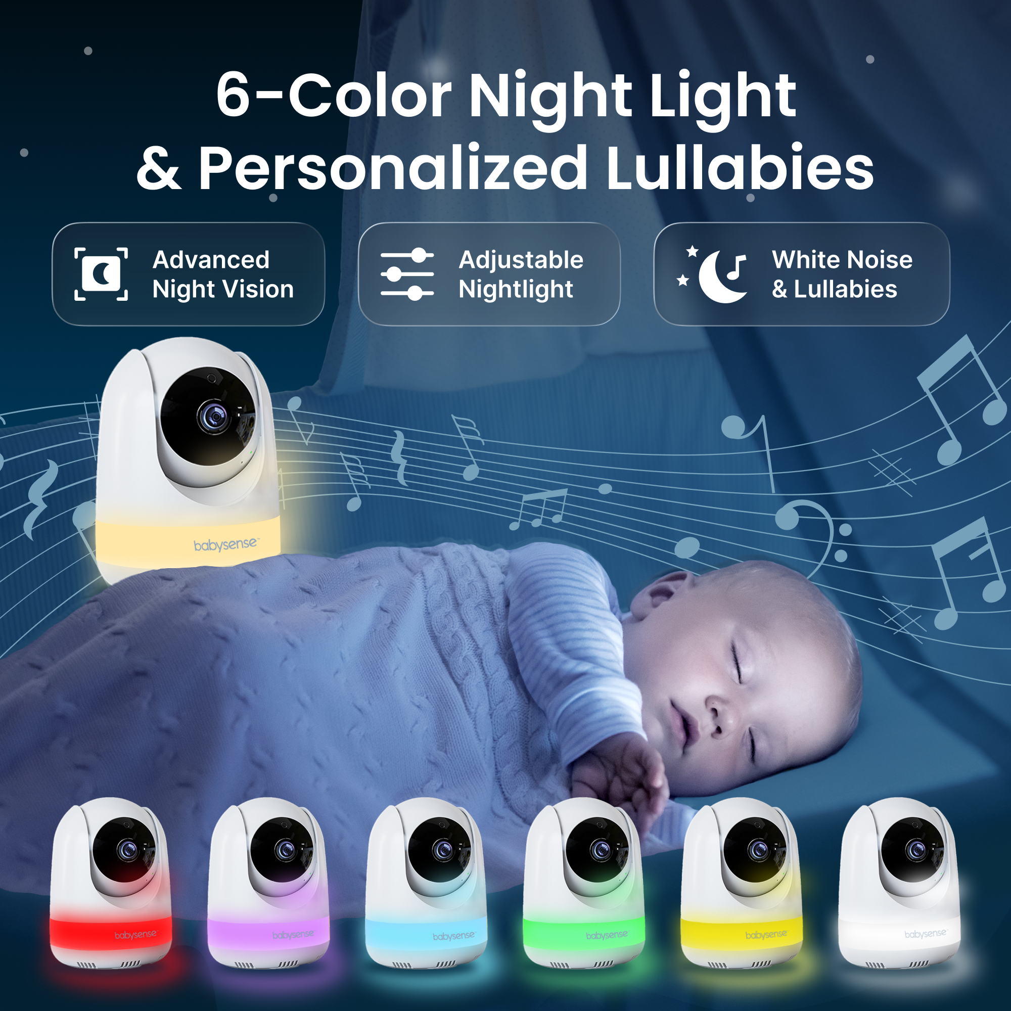 Babysense PRO: Video Baby Monitor with 2 Cameras, Non Wifi, Split Screen, Night Light & Sound Machine