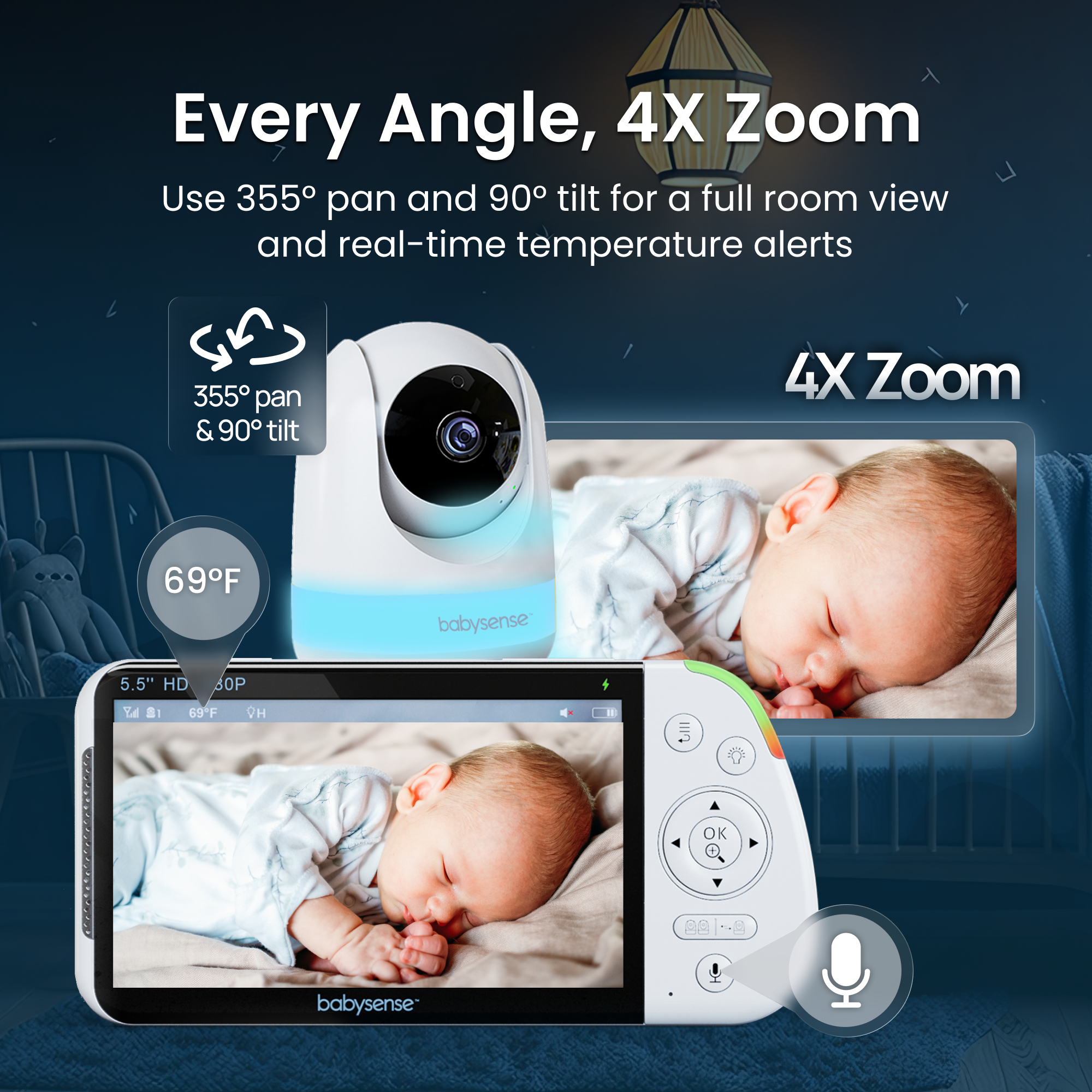 Babysense PRO: Video Baby Monitor with 2 Cameras, Non Wifi, Split Screen, Night Light & Sound Machine