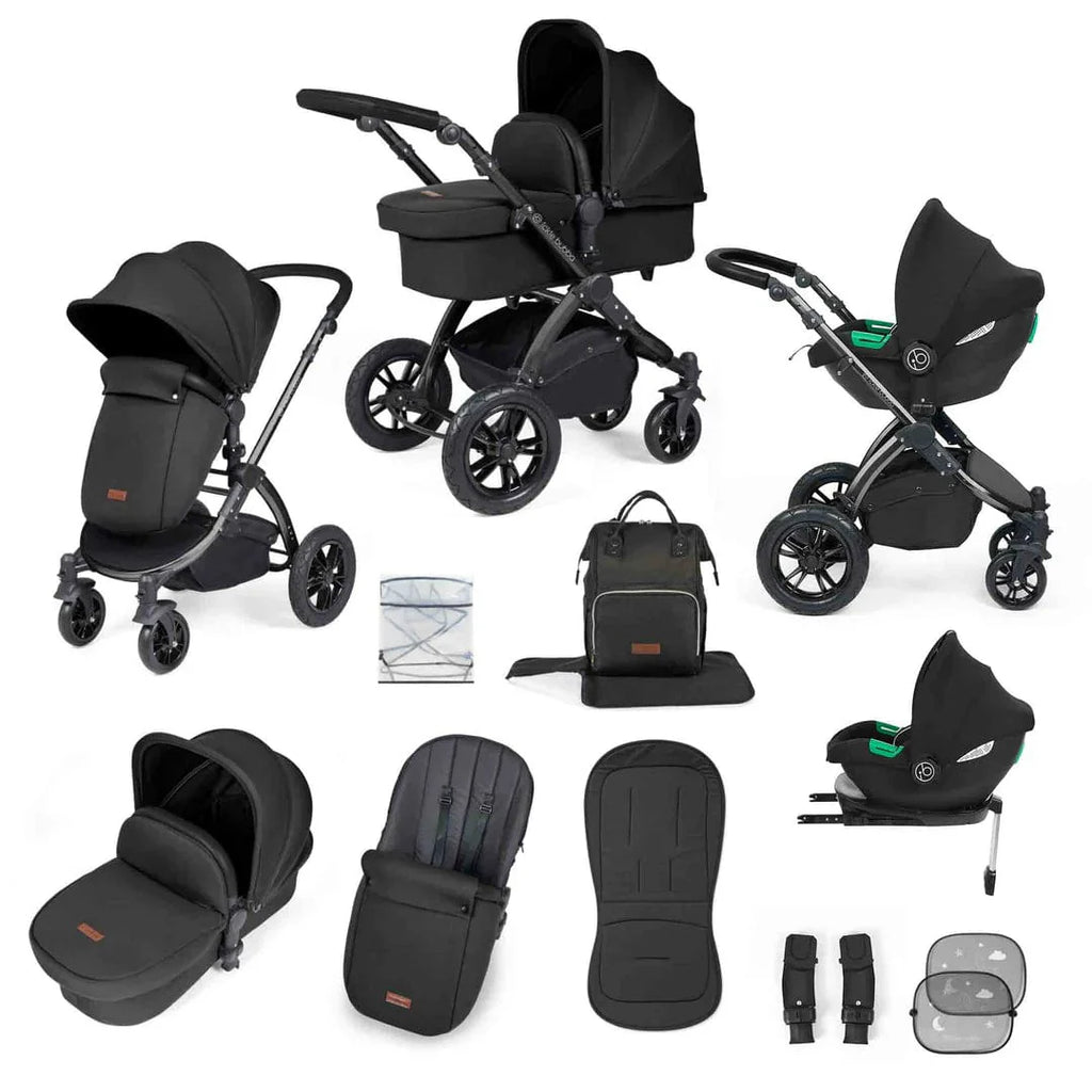 Ickle Bubba Stomp Luxe 12 Piece Travel System with i-Size Cirrus Car Seat & ISOFIX Base - Black / Midnight / Black