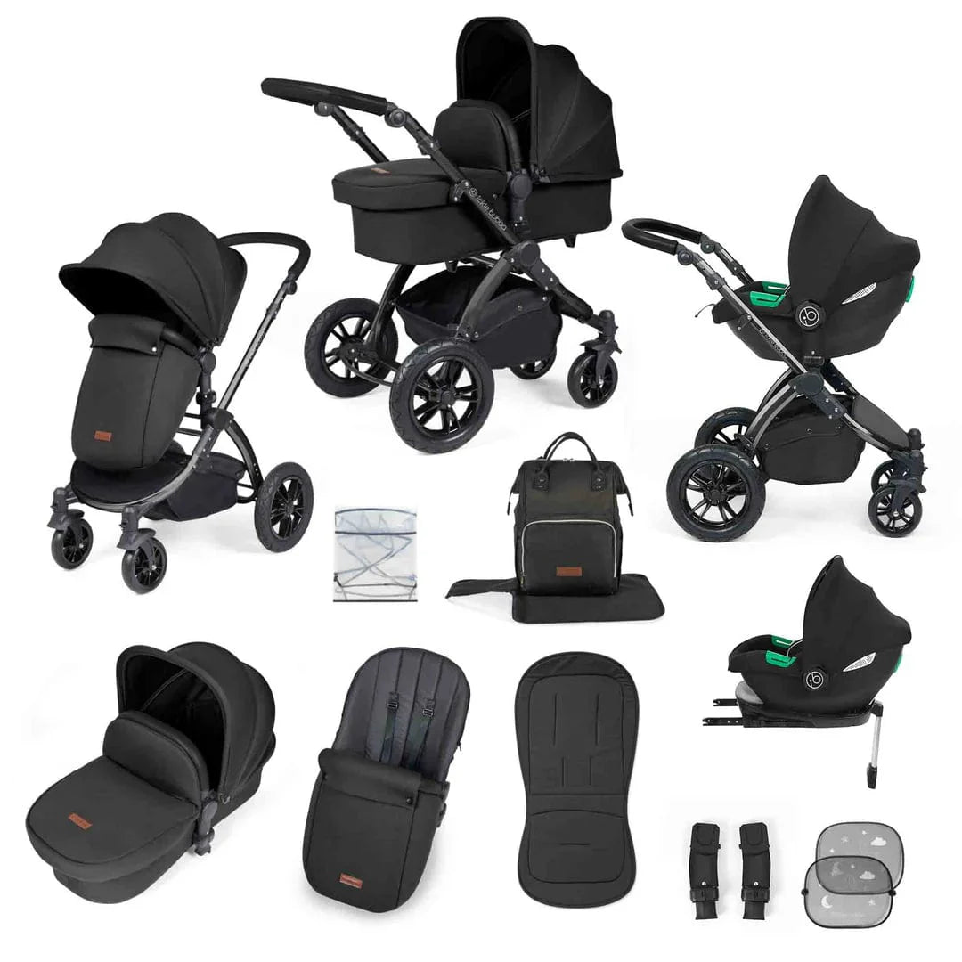 Ickle Bubba Stomp Luxe 12 Piece Travel System with i-Size Cirrus Car Seat & ISOFIX Base - Black / Midnight / Black